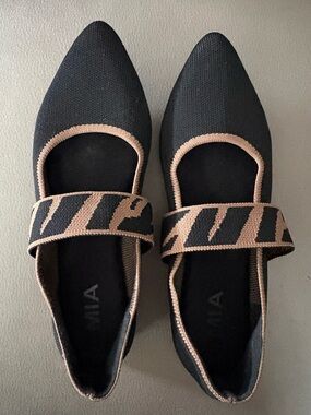 MIA Black and Beige Knit Mary Jane Flats with Patterned Strap